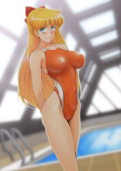 Rule 34 | 1girl, absurdres, aino minako, arms behind back, bishoujo senshi sailor moon, blonde hair, blue eyes, bow, commentary request, competition swimsuit, covered erect nipples, dutch angle, feet out of frame, hair bow, highleg, highleg swimsuit, highres, indoors, long hair, looking at viewer, nanashi noiji, one-piece swimsuit, orange one-piece swimsuit, pool, pool ladder, red bow, rei no pool, solo, swimsuit, two-tone swimsuit