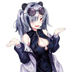 Rule 34 | 1girl, :d, absurdres, animal ears, arknights, bare shoulders, black dress, black hair, blush, breasts, china dress, chinese clothes, cleavage, cleavage cutout, clothing cutout, commentary, dress, ekasya, eyewear on head, fang, feater (arknights), hair over one eye, hands up, highres, jacket, large breasts, long hair, long sleeves, looking at viewer, multicolored hair, off shoulder, open mouth, panda ears, red eyes, round eyewear, shrugging, silver hair, simple background, skin fang, sleeveless, sleeveless dress, smile, solo, streaked hair, sunglasses, sunglasses on head, twintails, upper body, white background, white jacket