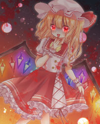 Rule 34 | 1girl, absurdres, blonde hair, blood, blood on clothes, blood on hands, cowboy shot, crystal wings, dress, flandre scarlet, frilled dress, frills, hand up, hat, hat ribbon, highres, mimi89819132, open mouth, red eyes, red ribbon, ribbon, side ponytail, solo, touhou, white mob cap, wrist cuffs