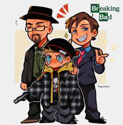Rule 34 | 3boys, = =, absurdres, animification, baggy clothes, baggy pants, beanie, black headwear, blue eyes, blush, breaking bad, brown hair, closed eyes, coat, commentary, copyright name, english commentary, facial hair, formal, glasses, grin, gun, hat, highres, hood, hood down, huyandere, jacket, jesse pinkman, logo, male focus, multiple boys, necktie, open clothes, open coat, pants, saul goodman, shirt, signature, simple background, smile, sparkle, standing, star (symbol), suit, tears, walter white, weapon
