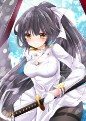 Rule 34 | 1girl, :o, azur lane, black hair, black pantyhose, blush, bow, breasts, brown eyes, commentary request, dress, gloves, hair between eyes, half gloves, high ponytail, holding, holding weapon, katana, large breasts, long hair, long sleeves, nanase nao, pantyhose, parted lips, ponytail, sheath, sheathed, solo, sword, takao (azur lane), thighband pantyhose, v-shaped eyebrows, very long hair, weapon, white bow, white dress, white gloves