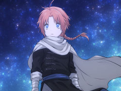 Rule 34 | 1boy, ahoge, bandaged arm, bandages, blue eyes, braid, cape, chinese clothes, eye reflection, gintama, kamui (gintama), night, night sky, orange hair, parted lips, reflection, sky, sleeves rolled up, solo, star (sky), star (symbol), starry background, starry sky, tangzhuang, tofu (bean359), aged down