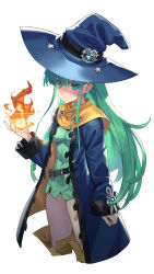 Rule 34 | 1girl, backlighting, belt, black belt, blue coat, blue eyes, blue hat, boots, breasts, capelet, coat, covered navel, dress, fire, frown, green dress, green hair, hat, highres, long hair, looking at viewer, loose belt, magic, masou shizuka, medium breasts, microdress, open clothes, open coat, pyrokinesis, rance (series), rance 10, siino, simple background, solo, thigh boots, thighhighs, very long hair, white background, witch, witch hat, yellow capelet, yellow footwear, yellow thighhighs