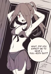 Rule 34 | 1girl, absurdres, bikini, breasts, english text, highres, little witch academia, long hair, madabau, monochrome, one eye covered, ponytail, red eyes, small breasts, sucy manbavaran, swimsuit, transparent