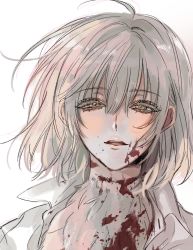 Rule 34 | 1girl, bad id, bad twitter id, blonde hair, blood, blood on face, brown eyes, cuts, dungeon meshi, eyelashes, falin touden, falin touden (chimera), feathers, highres, injury, light smile, looking at viewer, monster girl, parted lips, portrait, short hair, silver hair, simple background, solo, spoilers, vvizojiqwe 88