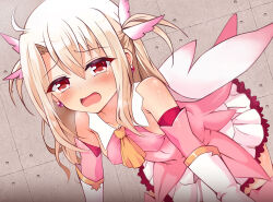 1girl ascot bare_shoulders blush breasts cape dress earrings elbow_gloves fate/kaleid_liner_prisma_illya fate_(series) feather_hair_ornament feathers gloves hair_ornament illyasviel_von_einzbern jewelry layered_gloves leaning_forward long_hair looking_at_viewer magical_girl mochi_(k620803n) open_mouth pink_dress pink_gloves pink_thighhighs prisma_illya red_eyes sidelocks skirt small_breasts solo thighhighs two_side_up white_cape white_gloves white_hair white_skirt