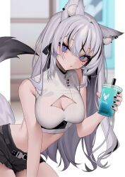 Rule 34 | 1girl, animal ear fluff, animal ears, bebe (bebe pp), belt, black belt, black hair, black ribbon, black shorts, blurry, blurry background, breasts, cleavage, cleavage cutout, clothing cutout, commission, crop top, cup, drinking straw, grey hair, hair ribbon, highres, holding, holding cup, indie virtual youtuber, long hair, medium breasts, mochita ren, multicolored hair, purple eyes, ribbon, second-party source, shirt, shorts, skeb commission, sleeveless, sleeveless shirt, solo, streaked hair, tail, white shirt, wolf ears, wolf girl, wolf tail