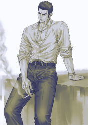 Rule 34 | 1boy, bad id, bad tumblr id, bara, belt, brown theme, cigarette, collared shirt, facial hair, feet out of frame, formal, frown, genandnak, holding, holding cigarette, kiryu kazuma, leaning back, long sideburns, looking ahead, male focus, monochrome, pants, partially unbuttoned, pectoral cleavage, pectorals, ryuu ga gotoku (series), ryuu ga gotoku 0, shirt, shirt tucked in, sideburns, sideburns stubble, sleeves rolled up, smoking, stubble, suit, tsurime