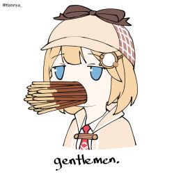 Rule 34 | 1girl, blonde hair, blue eyes, brown capelet, capelet, deerstalker, detective, food, food in mouth, full mouth, hair ornament, hat, hololive, hololive english, meme, necktie, pocky, red necktie, short hair, simple background, solo, spy (tf2), team fortress 2, tian nya, too many in mouth, twitter username, virtual youtuber, watson amelia, watson amelia (1st costume), white background