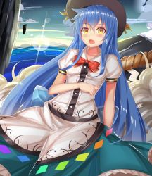Rule 34 | 1girl, ashu, blue hair, bow, breasts, day, fang, hat, highres, hinanawi tenshi, long hair, open mouth, puffy short sleeves, puffy sleeves, rope, shimenawa, shirt, short sleeves, skirt, sky, small breasts, solo, touhou, very long hair, yellow eyes
