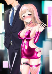 Rule 34 | 1boy, 1girl, absurdres, arm at side, bag, bare shoulders, belt, black hair, black jacket, black pants, blonde hair, blue necktie, blurry, blurry background, blush, bodycon, breasts, brown eyes, buttons, cameltoe, choker, cleavage, closed mouth, clothing cutout, collarbone, collared shirt, condom box, controller, covered erect nipples, cowboy shot, detached sleeves, dress, earrings, english text, faceless, faceless male, fishnet thighhighs, fishnets, formal, green panties, half-closed eyes, hand up, happy, harigane mutsumi (harigane623), head out of frame, heart, heart-shaped pupils, heart choker, highres, holding, holding bag, idolmaster, idolmaster shiny colors, jacket, jewelry, large breasts, long hair, long sleeves, looking at viewer, nail polish, navel, navel cutout, navel piercing, necktie, night, nose blush, o-ring dress, okamoto condoms, outdoors, panties, pants, panty peek, piercing, producer (idolmaster), public indecency, pussy juice, red choker, red dress, red nails, red sleeves, red thighhighs, remote control, remote control vibrator, ring, sakuragi mano, sex toy, shiny clothes, shirt, short dress, short hair, side cutout, sidelocks, single thighhigh, skin tight, skindentation, sleeveless, sleeveless dress, smile, solo focus, standing, string panties, suit, sweat, symbol-shaped pupils, thigh strap, thighhighs, underwear, vibrator, vibrator under clothes, vibrator under panties, walking, waving, white shirt