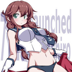 Rule 34 | 1girl, 547th sy, anchor symbol, text background, bikini, bikini bottom only, blue necktie, blue sailor collar, blush, braid, breasts, brown hair, character name, closed mouth, dated, gloves, green eyes, hair between eyes, highres, kantai collection, large breasts, long hair, midriff, navel, necktie, noshiro (kancolle), sailor collar, sleeveless, solo, swimsuit, twin braids, white background, white gloves