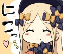 Rule 34 | 1girl, ^ ^, abigail williams (fate), bad id, bad pixiv id, black bow, black hat, blush stickers, bow, closed eyes, closed mouth, engiyoshi, fate/grand order, fate (series), hair bow, hat, heart, long hair, orange bow, parted bangs, polka dot, polka dot bow, smile, solo, stuffed animal, stuffed toy, teddy bear, translation request
