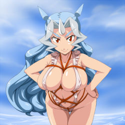Rule 34 | 1girl, bdsm, blue hair, bondage, bound, breast suppress, breasts, cloyster, creatures (company), game freak, gen 1 pokemon, hands on own hips, hip focus, horns, jouwan, large breasts, long hair, multicolored hair, navel, nintendo, personification, pokemon, single horn, slingshot swimsuit, swimsuit, wide hips