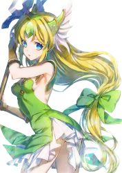 Rule 34 | 1girl, armpits, blonde hair, blue eyes, breasts, bridal gauntlets, commentary, dress, fingerless gloves, gloves, green dress, helmet, holding, holding polearm, holding spear, holding weapon, long hair, low-tied long hair, medium breasts, namanie, parted lips, polearm, riesz, seiken densetsu, seiken densetsu 3, simple background, solo, spear, very long hair, weapon, white background, winged helmet