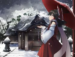 Rule 34 | 1girl, bow, brown hair, cowboy shot, detached sleeves, frilled bow, frilled hair tubes, frilled skirt, frills, from side, hair between eyes, hair bow, hair tubes, hakurei reimu, highres, holding, holding umbrella, long hair, looking up, nontraditional miko, oil-paper umbrella, outdoors, outstretched arm, pechimaru, red bow, red eyes, red skirt, red umbrella, ribbon-trimmed sleeves, ribbon trim, scarf, shirt, sidelocks, skirt, snow, snowing, solo, touhou, umbrella, white sleeves, wide sleeves
