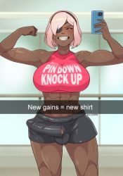 Rule 34 | 1girl, abs, absurdres, blush, breasts, bulge, cleavage, closed eyes, clothes writing, covered collarbone, dahlia (sulcate), dark-skinned female, dark skin, english text, erection, erection under clothes, eyepatch, facing viewer, flexing, fuck-me shirt, futanari, grin, hairband, highres, holding, holding phone, indoors, large breasts, large penis, meme attire, midriff, muscular, muscular female, one eye covered, open mouth, original, penis, phone, selfie, short hair, short shorts, shorts, smile, snapchat, solo, sports bra, standing, sulcate, tank top, testicles, very dark skin