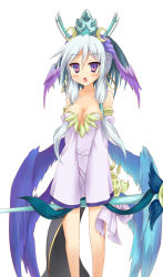 Rule 34 | 1girl, bare legs, breasts, ceres (p&amp;d), crescent, evil ceres (p&amp;d), highres, kurokage, looking at viewer, open mouth, purple eyes, puzzle &amp; dragons, sidelocks, silver hair, sleeves past wrists, solo, staff, wings
