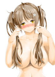 Rule 34 | 1girl, absurdres, ahoge, blush, breasts, brown hair, collarbone, female focus, flower, hair censor, hair flower, hair ornament, hair over breasts, hands up, highres, knucklecurve, large breasts, long hair, looking at viewer, navel, nude, simple background, solo, topless frame, twintails, upper body, white background, yellow eyes