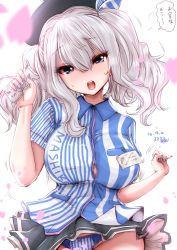 Rule 34 | 10s, 1girl, beret, blue nails, breasts, bursting breasts, cleavage, employee uniform, hat, highres, kantai collection, kashima (kancolle), large breasts, lawson, looking at viewer, nail polish, name tag, open mouth, panties, pantyshot, purple eyes, silver hair, skirt, solo, souryu, standing, sweatdrop, teeth, translation request, twintails, underwear, uniform