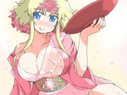 Rule 34 | 1girl, :q, blonde hair, blue eyes, blush, breasts, cherry blossoms, cleavage, collarbone, haru-chan, japanese clothes, kimono, large breasts, naitou kouse, new year, nipples, nhk (broadcaster), no nose, off shoulder, sakazuki, short hair, solo, tongue, tongue out, wet, wet clothes
