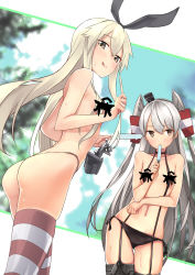 Rule 34 | 10s, 2girls, :q, absurdres, amatsukaze (kancolle), ass, baffu, bikini, bikini bottom only, black bikini, black ribbon, blonde hair, blue sky, blush, breasts, brown eyes, censored, censored nipples, closed mouth, collarbone, contrapposto, eating, eyebrows, food, grey hat, grey legwear, hair tubes, hat, highres, holding, holding food, horizontal-striped legwear, kantai collection, long hair, looking at viewer, mini hat, multiple girls, navel, popsicle, popsicle stick, ribbon, shimakaze (kancolle), side-tie bikini bottom, silver hair, skindentation, sky, small breasts, smile, standing, stomach, striped clothes, striped legwear, striped thighhighs, sweat, swimsuit, thigh gap, thighhighs, tongue, tongue out, topless, very long hair, water, water drop, yellow eyes