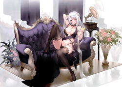 Rule 34 | 1girl, absurdres, arm up, black thighhighs, blush, breasts, cleavage, couch, dress, elf, flower, full body, hair flower, hair ornament, hair ribbon, high heels, highres, indoors, lace, lace-trimmed legwear, lace trim, large breasts, long dress, long hair, looking at viewer, midriff, navel, original, parted lips, phonograph, pointy ears, purple dress, purple eyes, revealing clothes, ribbon, scan, silver hair, single sidelock, solo, sora 72-iro, strap slip, thighhighs, vase