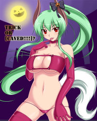 Rule 34 | 1girl, bandeau, bow, breasts, cameltoe, caved, choker, cleavage, cleavage cutout, clothing cutout, demon girl, elbow gloves, ex-keine, finger to mouth, full moon, gloves, green hair, halloween, horn bow, horn ornament, horns, jack-o&#039;-lantern, john (nakoto), kamishirasawa keine, large breasts, long hair, lowleg, lowleg panties, midriff, moon, navel, panties, pink thighhighs, purple background, red eyes, shiny skin, sidelocks, skindentation, solo, strapless, tail, thighhighs, tongue, touhou, tube top, underboob, underwear