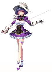 Rule 34 | 1girl, blue hair, breasts, commentary, dress, floral print, full body, gauntlets, hat, highres, holding, holding sword, holding weapon, long sleeves, looking at viewer, medium breasts, original, purple eyes, rapier, rheez, short dress, short hair, simple background, smile, solo, standing, sword, thigh strap, weapon, white background, white legwear