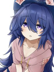 Rule 34 | 1girl, blue bow, blue hair, bow, breasts, cleavage, collarbone, commentary, debt, grey sweater, hair between eyes, hair bow, highres, hood, hoodie, long hair, looking at viewer, open mouth, purple eyes, short sleeves, simple background, solo, sweater, touhou, tyouseki, upper body, yorigami shion
