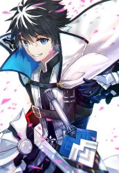 Rule 34 | 1boy, armor, belt, black hair, blue eyes, capelet, charlemagne (fate), fate/extella, fate/extella link, fate/extra, fate/grand order, fate (series), grin, highres, male focus, multicolored hair, sheath, sheathed, short hair, simple background, smile, solo, sword, two-tone hair, weapon, white hair, y6m9e kasabuta