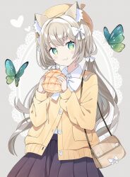 Rule 34 | 1girl, :t, animal, animal ear fluff, animal ears, bag, beret, black skirt, blush, bow, bread, bug, butterfly, closed mouth, collared shirt, commentary request, doily, dress shirt, food, green eyes, grey background, grey hair, hair bow, handbag, hat, heart, highres, holding, holding food, insect, jacket, long hair, long sleeves, looking at viewer, low twintails, melon bread, original, pleated skirt, puffy long sleeves, puffy sleeves, shirt, shoulder bag, simple background, skirt, solo, tantan men (dragon), twintails, very long hair, wavy mouth, white bow, white shirt, yellow hat, yellow jacket