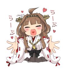 Rule 34 | 1girl, ahoge, black skirt, brown hair, cropped legs, detached sleeves, double bun, closed eyes, facing viewer, foreshortening, frilled skirt, frills, hair bun, headgear, heart, heart in mouth, highres, japanese clothes, kantai collection, kongou (kancolle), long hair, lr hijikata, pleated skirt, ribbon-trimmed sleeves, ribbon trim, simple background, skirt, solo, white background