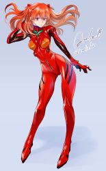 Rule 34 | 1girl, amelie, blue background, blue eyes, bodysuit, breasts, curvy, female focus, floating hair, full body, hair between eyes, hand in own hair, interface headset, long hair, looking at viewer, neon genesis evangelion, plugsuit, red bodysuit, shiny clothes, smile, solo, souryuu asuka langley, standing, turtleneck, twintails, two side up, very long hair, wide hips