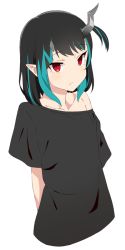 Rule 34 | 1girl, nanashi inc., akitetsu, black hair, black shirt, blue hair, closed mouth, demon girl, demon horns, expressionless, fang, flat chest, horns, looking at viewer, medium hair, multicolored hair, off shoulder, one side up, pointy ears, red eyes, shirt, shishio chris, simple background, solo, sugar lyric, transparent background, two-tone hair, upper body, virtual youtuber