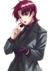 Rule 34 | 1girl, bazett fraga mcremitz, black jacket, black necktie, black pants, black suit, breasts, chocolate, coat, collared shirt, dress shirt, eating, fate/grand order, fate (series), formal, gloves, grey coat, highres, jacket, ksfactory, long sleeves, looking at viewer, manannan mac lir (fate), manannan mac lir (first ascension) (fate), medium breasts, mole, mole under eye, necktie, open clothes, open coat, open mouth, pants, parted bangs, red eyes, red hair, red shirt, shirt, short hair, solo, suit