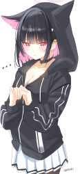 Rule 34 | ..., 1girl, animal ears, artist name, black choker, black hair, black jacket, black pantyhose, blue archive, blush, breasts, cat ears, choker, cleavage, closed mouth, collarbone, colored inner hair, cowboy shot, extra ears, haruri, highres, hood, hood up, hooded jacket, jacket, kazusa (blue archive), large breasts, long sleeves, multicolored hair, pantyhose, pink hair, pleated skirt, red eyes, short hair, signature, simple background, skirt, solo, white background, white skirt