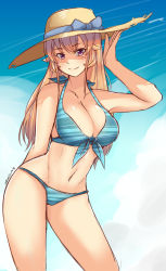 Rule 34 | 10s, 1girl, absurdres, bikini, blonde hair, blue bikini, blush, breasts, cleavage, closed mouth, contrapposto, cowboy shot, hat, highres, large breasts, long hair, looking at viewer, nakiri erina, navel, purple eyes, shokugeki no souma, smile, solo, standing, stomach, straw hat, sun hat, swimsuit, z666ful