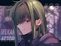 Rule 34 | 1girl, blurry, blurry background, chain-link fence, closed mouth, colored eyelashes, commentary request, copyright name, fence, green hair, grey background, hair behind ear, hair between eyes, hair over one eye, highres, hood, hood down, hoodie, jacket, kagerou project, kido tsubomi, letterboxed, long hair, mekakucity actors, mokemoke chan, numbered, purple eyes, purple hoodie, red jacket, sideways glance, smile, solo, straight hair, upper body, zipper