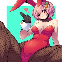 Rule 34 | 1girl, animal ears, bare shoulders, black gloves, blush, border, bow, bowtie, breasts, carrot hair ornament, collarbone, covered navel, detached collar, est (fire emblem), fake animal ears, fire emblem, fire emblem: mystery of the emblem, fishnet pantyhose, fishnets, food-themed hair ornament, gloves, hair ornament, highres, kara age, leotard, looking at viewer, nintendo, one eye closed, pantyhose, pink hair, playboy bunny, rabbit ears, red eyes, red leotard, simple background, sitting, small breasts, solo, strapless, strapless leotard, white border, wrist cuffs