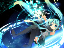 1girl aqua_eyes aqua_hair boots bug butterfly detached_sleeves female_focus floating_hair hatsune_miku headphones headset bug long_hair masaki_(machisora) necktie outstretched_arms skirt solo space star_(symbol) thigh_boots thighhighs twintails very_long_hair vocaloid