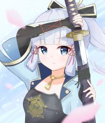 Rule 34 | 1girl, arm guards, armor, ayaka (genshin impact), blunt bangs, blurry, bow, breastplate, breasts, choker, cleavage, commentary request, depth of field, genshin impact, grey eyes, grey hair, hair bow, hair ornament, hair ribbon, holding, holding sword, holding weapon, katana, long hair, looking at viewer, mole, mole under eye, petals, ponytail, ribbon, seika (eevz2274), short sleeves, sidelocks, solo, sword, tress ribbon, weapon