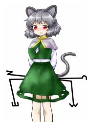 Rule 34 | 1girl, alternate breast size, animal ears, arms behind back, blush, breasts, capelet, feet out of frame, green skirt, green vest, grey capelet, grey hair, highres, holding, itou yuuji, jewelry, large breasts, looking at viewer, medium hair, mouse ears, mouse tail, nazrin, necklace, parted lips, red eyes, shirt, simple background, skirt, smile, solo, standing, sweatdrop, tail, touhou, vest, white background, white shirt