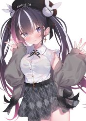 Rule 34 | 1girl, belt, black belt, black bow, black bra, black skirt, blush, bow, bra, cardigan, collared shirt, double w, ear piercing, earrings, eip (pepai), gradient hair, grey cardigan, hair ornament, highres, jewelry, looking at viewer, multicolored hair, off shoulder, open cardigan, open clothes, original, piercing, purple hair, see-through, see-through shirt, shirt, simple background, skirt, sleeves past wrists, solo, streaked hair, underwear, w, white background, white shirt