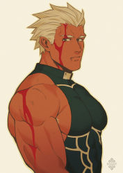 Rule 34 | 1boy, abs, archer (fate), armpit hair, artist logo, artist name, bad id, bad twitter id, bara, biceps, blood, blood on arm, blood on face, collared shirt, dark-skinned male, dark skin, fate/stay night, fate/unlimited blade works, fate (series), grey eyes, highres, injury, large pectorals, looking at viewer, male focus, mature male, muscular, muscular male, pectorals, shirt, short hair, sidepec, sleeveless, solo, spiked hair, thick arms, tight clothes, upper body, white background, white hair, xelgot