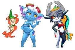 Rule 34 | 3girls, american flag, betilla, bikini, blue skin, colored skin, crossover, fairy, french flag, goggles, japanese flag, league of legends, looking at another, midna, minuspal, monster girl, multiple crossover, multiple girls, navel, nintendo, orange eyes, orange hair, pointy ears, ponytail, rayman, rayman origins, red eyes, simple background, strapless, swimsuit, the legend of zelda, tristana, tube top, white background, white hair, wide hips, yordle