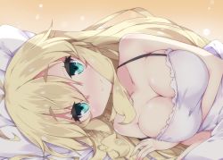 Rule 34 | 1girl, aqua eyes, bare arms, bare shoulders, bed sheet, blonde hair, blush, breasts, cleavage, closed mouth, commentary request, dress, hair between eyes, large breasts, long hair, looking at viewer, lying, milkpanda, on bed, on side, pillow, pov across bed, sleeveless, sleeveless dress, smile, solo, thick eyebrows, tsurumaki maki, under covers, very long hair, voiceroid, white dress