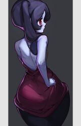 Rule 34 | 1girl, absurdres, ass, black hair, blue skin, bubene, bubenebenebe, colored skin, dress, highres, long hair, looking at viewer, looking back, red dress, red eyes, side ponytail, skullgirls, solo, squigly (skullgirls), zombie