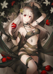 Rule 34 | 1girl, absurdres, apple, arknights, arm up, bad id, bad pixiv id, bikini, black bikini, black collar, breasts, cleavage, collar, commentary, demon horns, feet out of frame, flower, food, fruit, grey hair, hair ornament, hand up, hands up, highres, holding, holding food, holding fruit, horns, jewelry, kawausoman, long hair, looking at viewer, mudrock (arknights), mudrock (silent night) (arknights), necklace, official alternate costume, red eyes, small breasts, solo, swimsuit, yellow flower