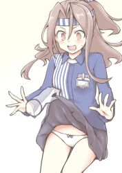 Rule 34 | 1girl, 1other, akara kai, black skirt, blue shirt, brown eyes, brown hair, clothes lift, cowboy shot, disembodied hand, employee uniform, hachimaki, headband, high ponytail, highres, kantai collection, lawson, long hair, long sleeves, official alternate costume, open mouth, panties, pleated skirt, shirt, simple background, skirt, skirt lift, striped clothes, striped shirt, underwear, uniform, white background, white panties, zuihou (kancolle)